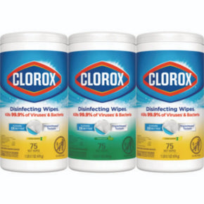CLOROX SALES CO. CLO30208PK Disinfecting WIpes, 1-Ply, 7 x 8, Fresh Scent/Citrus Blend, White, Canister of 75, Pack of 3 Canisters